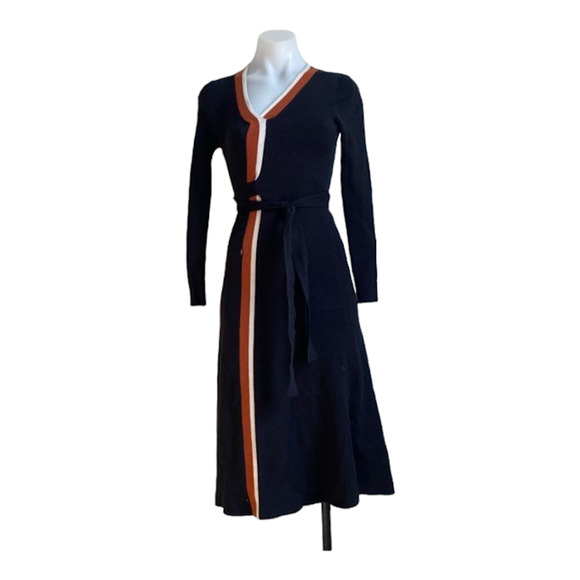 Caara Dresses & Skirts - Caara Size Small Cedar Midi Dress Knit A Line Black Orange White Striped Belted